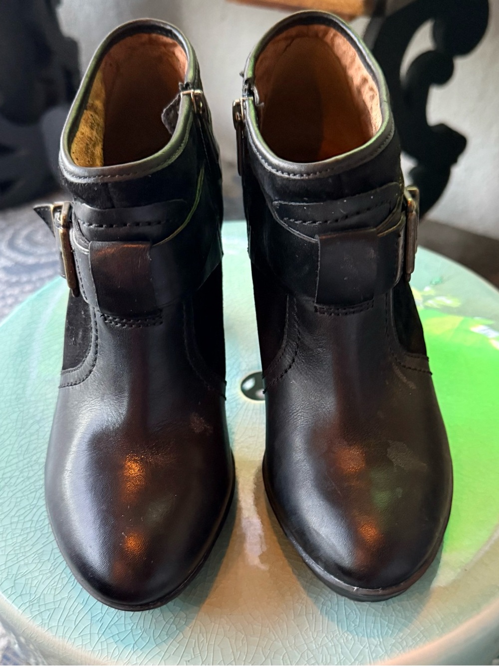 Clarks Black Leather and Suede Buckle Ankle Booties 7.5